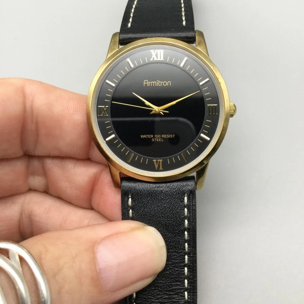 Armitron Mens Watch 37mm Black Dial Gold Tone Black Leather Band New Battery